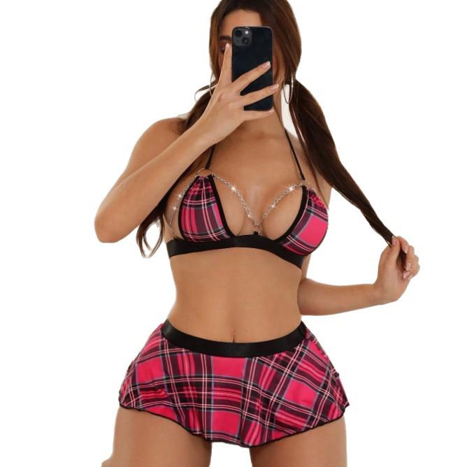 Europäisch-Amerikanisches Sexy Kariertes College-Stil Push-Up Dessous-Set
