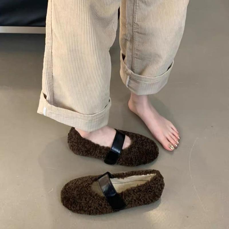 New Women Ballet Laofer Flat Shoes Shallow Slip On Ladies Fur Mary Jane Shoes Soft Outdoor Granny Shoes Zapatos Mujer