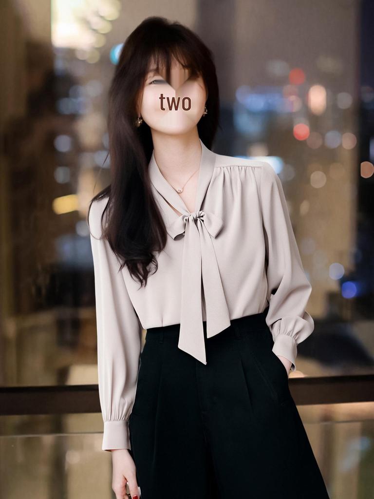 Rong Tai Women's Elegant French Ribbon Long Sleeve V-Neck Chic Shirt - Spring 2026 Collection