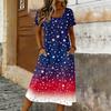 Damen Sommer Maxikleid mit kurzen Ärmeln, lockerem Schnitt, Stern- und Streifenprint, lässig, Rundhalsausschnitt, mit Taschen