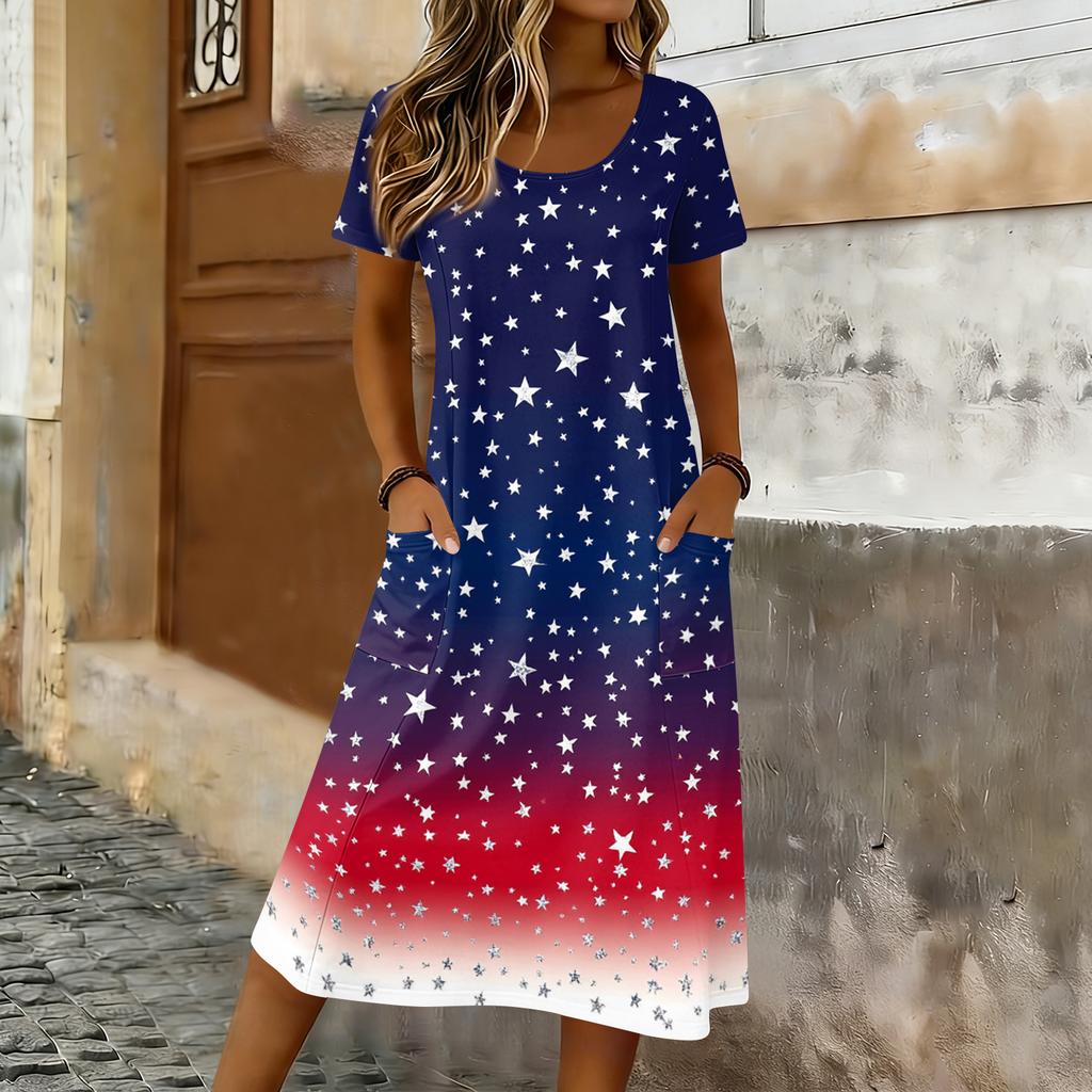 Damen Sommer Maxikleid mit kurzen Ärmeln, lockerem Schnitt, Stern- und Streifenprint, lässig, Rundhalsausschnitt, mit Taschen