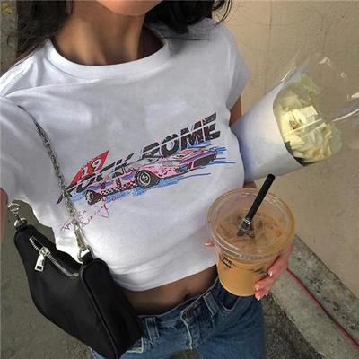 Y2K Streetwear O-Collo Manica corta T-shirt grafiche E-girl Moda Stampa Cute White Crop Top Harajuku Estate anni '90 T-shirt per bambini Slim