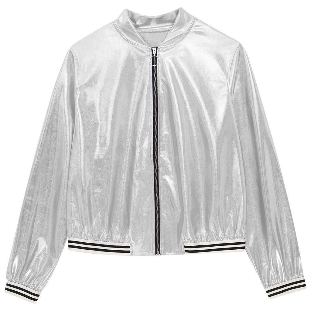 Mens Metallic Bomber Jacket Striped Band Long Sleeve Shiny Outerwear Club Coat Street Style