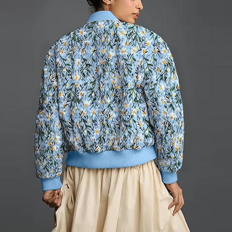 Women's Embroidered Daisy Cropped Bomber Jacket Long Sleeve Quilted Puffer Jackets Padded Coat Outerwear