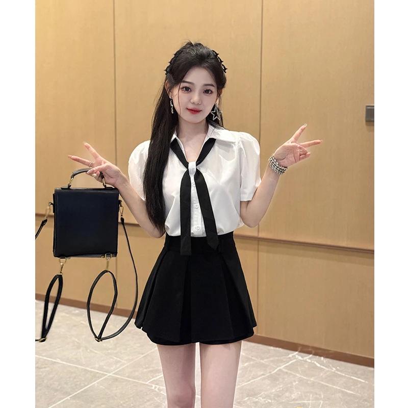 Korean-Style V-Neck Puff Sleeve White Tie Shirt & Skirt Set for Women – Loose, Stylish, Versatile Short Sleeve Two-Piece.