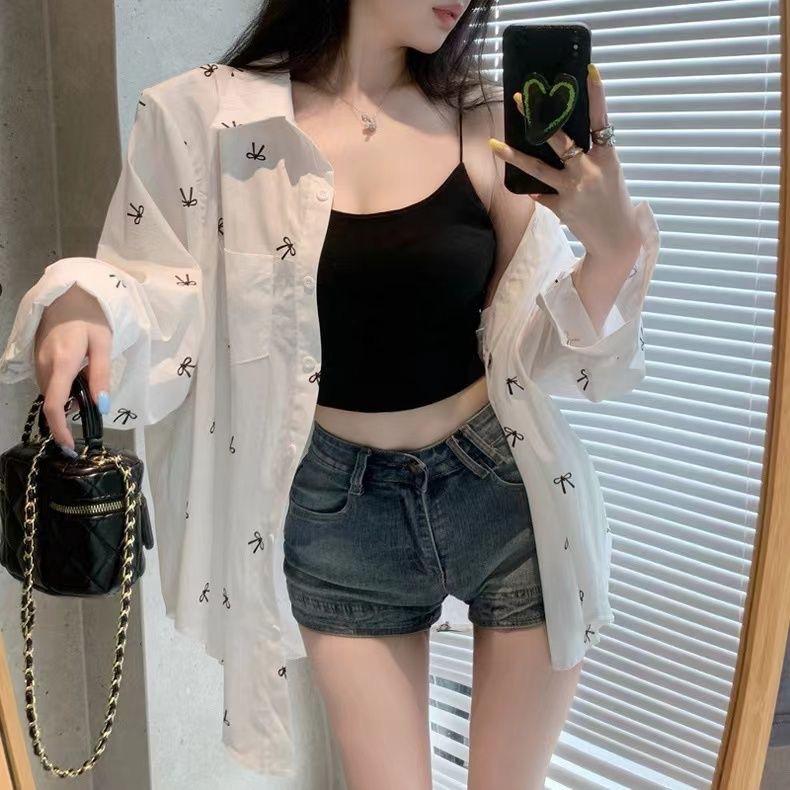 Loose Lazy Style Bow Printing Long-sleeved Shirt Women's Spring and Summer New Design Sense Casual Sunscreen Shirt Top