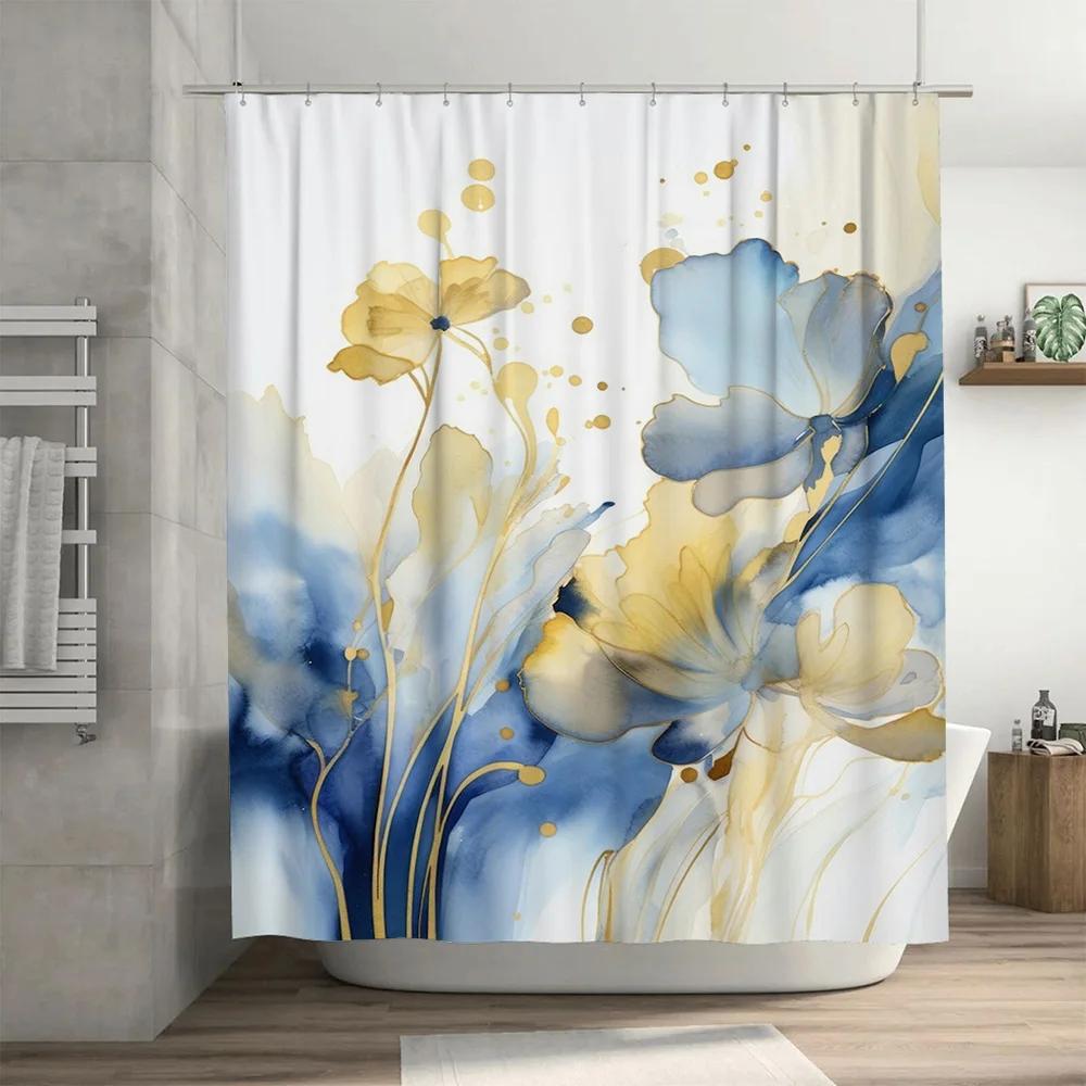 Watercolor Floral Shower Curtain Blue and Yellow Decorative Bath Rug Cover Waterproof Home Decoration Wall Hanging (White)