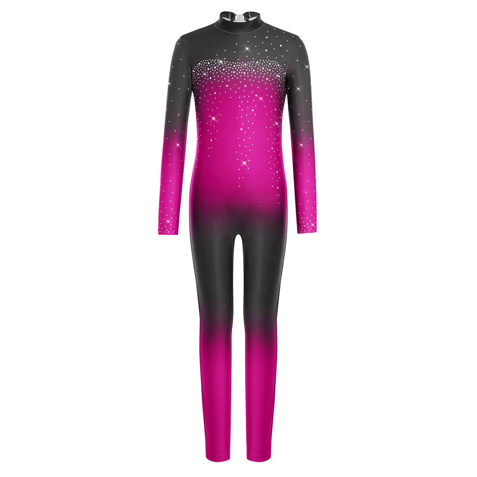 

Girls Gradient Color Jumpsuit Mock Neck Long Sleeve Keyhole Back Shiny Rhinestones Bodysuit 5-6 Years гарячі рожевого кольору