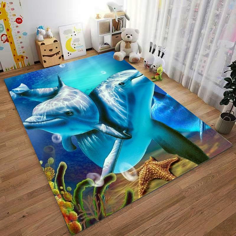 "Blue Ocean Theme Carpet with Dolphins, Starfish, and Coral Design" Suitable for use as an anti-slip for living room bedroom sofas