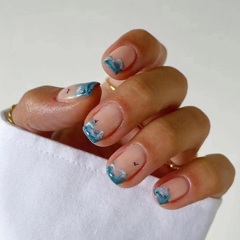 Short wear nail blue waves cool natural nail piece nail piece press on nails