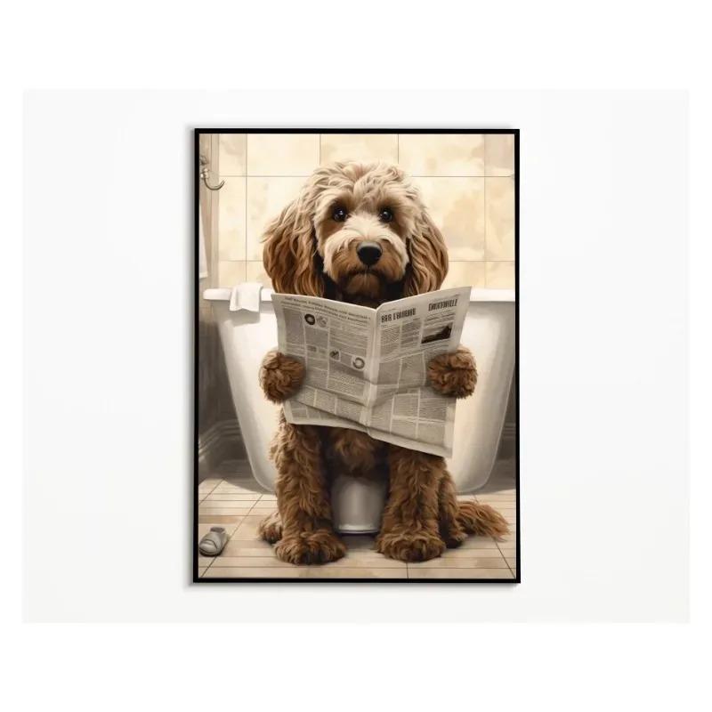 Vtipný Roztomilý Pes Koupelna Zvíře na Záchodě a Čtení Novin Plakátový Tisk Plátno Malba Nástěnné Umění Obývací Pokoj Domácí Dekorace