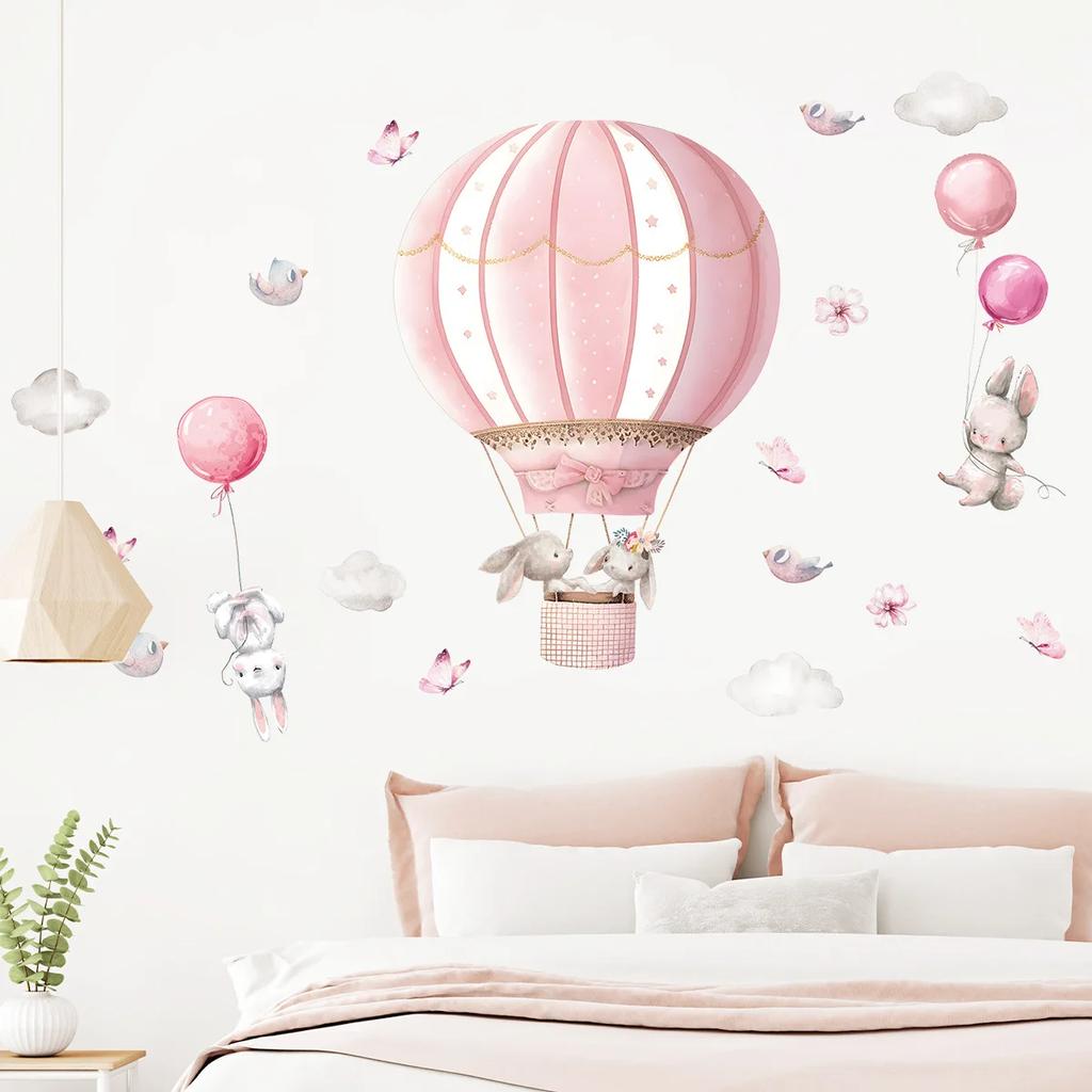 Large Wall Stickers for Kids Room Living Room Nursery Decoration Children Wall Decals Cartoon Cute Rabbit Hot Air Balloon Clouds