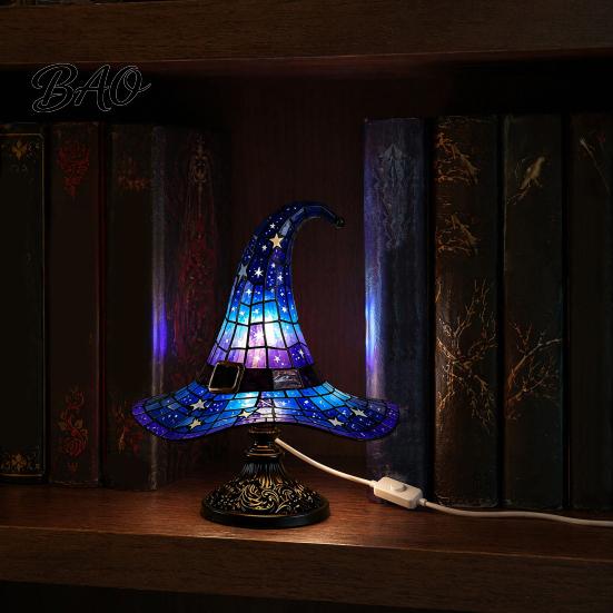 Retro Bedside Lamp Witch Hat Table Lamp, USB Powered LED Light, Resin Decorative Gothic Night Light for Bedroom, Living Room, Shelf Halloween