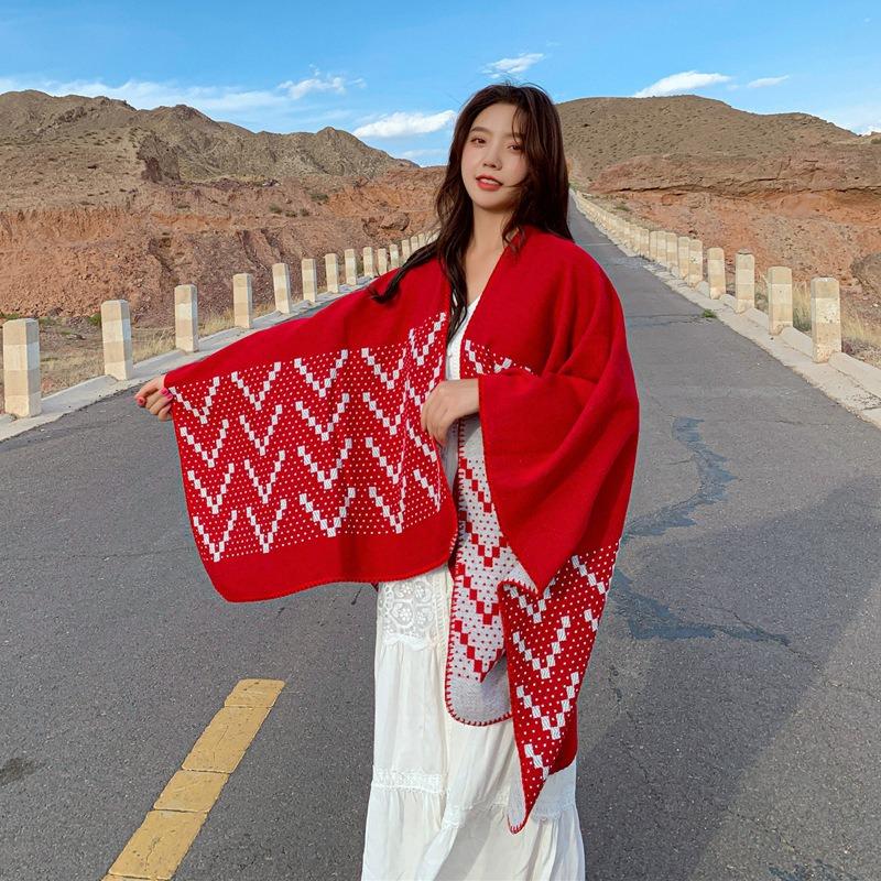 Sun Protection Scarf, Red Knitted Jacket, Travel Photo Cape, Large Shawl for Women, Autumn and Winter