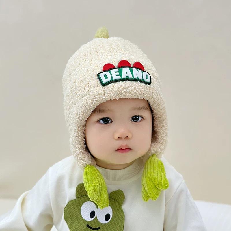 Winter Kids' Thickened Ear-Warming Windproof Fleece-Lined Beanie Cute 3D Dinosaur Knit Beanie