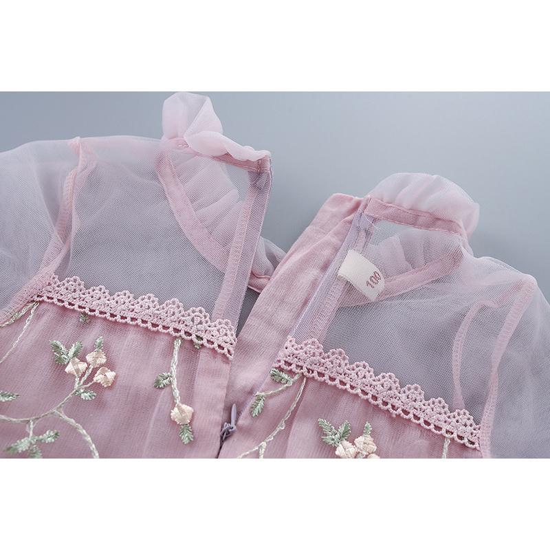 Spring and Autumn New Children's Dress with Lace Trim, Mesh, Embroidery, Puff Sleeves, Long Sleeve Girls' Dress, Korean Style