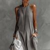 Abito Lungo Estivo Boho Senza Maniche Casual Donna Sexy Scollo a O Colore a Contrasto Lungo Primavera Tasca A-line Abiti da Festa