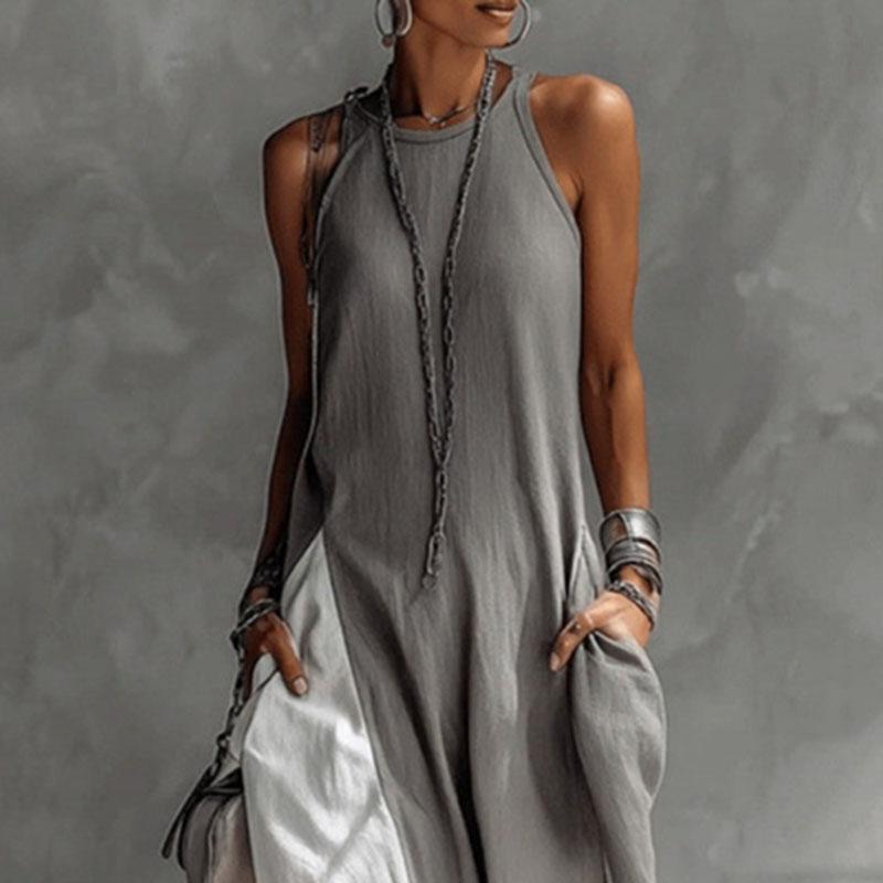 Abito Lungo Estivo Boho Senza Maniche Casual Donna Sexy Scollo a O Colore a Contrasto Lungo Primavera Tasca A-line Abiti da Festa