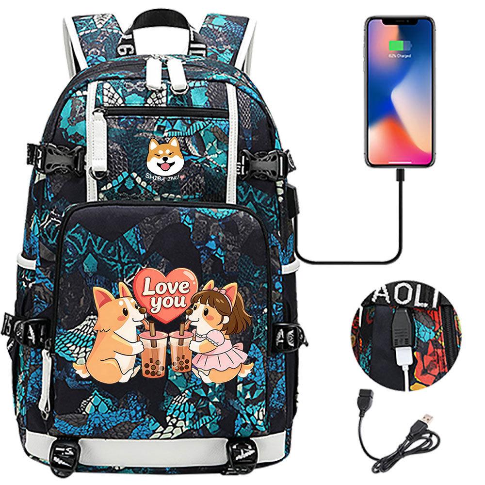 Cute Shiba Inu Corgi USB Charging Backpack for Middle High School Students Travel Casual Daypack