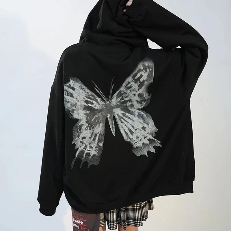 Y2k Aesthetic Women Hip Hop Hoodies Butterfly Printed Zip-up Jacket Female Goth Harajuku Grunge Punk Streetwear Coat