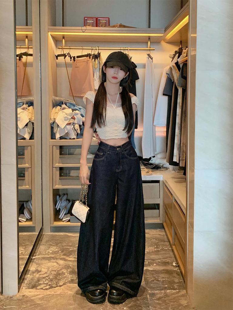 Women's Summer 2024 Retro High-Waisted Dark Wash Wide-Leg Jeans