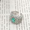 Big Wide Surface Hollow Flowers Vintage 100%  Sterling SIlver Open Rings Carved Stamp Tourmaline Stone Women Ladies Ring