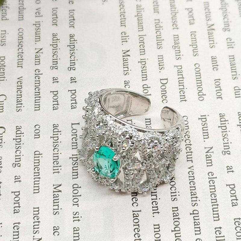 Big Wide Surface Hollow Flowers Vintage 100%  Sterling SIlver Open Rings Carved Stamp Tourmaline Stone Women Ladies Ring