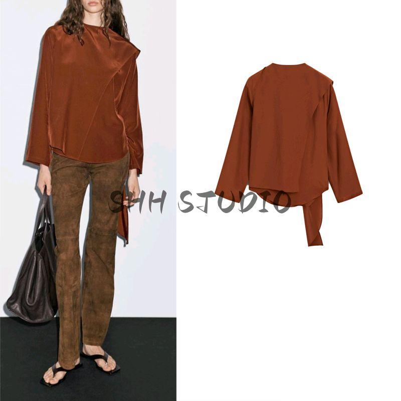 MD Autumn Women Clothes French Style Art Department Design Sense Pleat Decorative Scarf Collar Long Sleeve Shirts Top 5183783