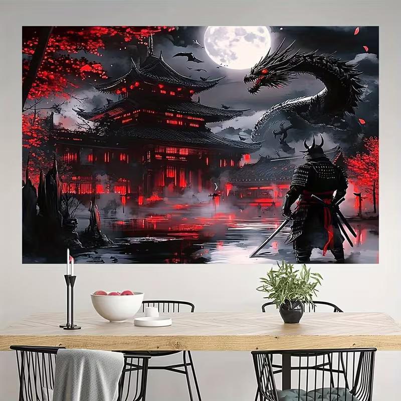 Arazzo Giapponese 2D Darkcore, Sfondo Murale Samurai vs Drago per Soggiorno