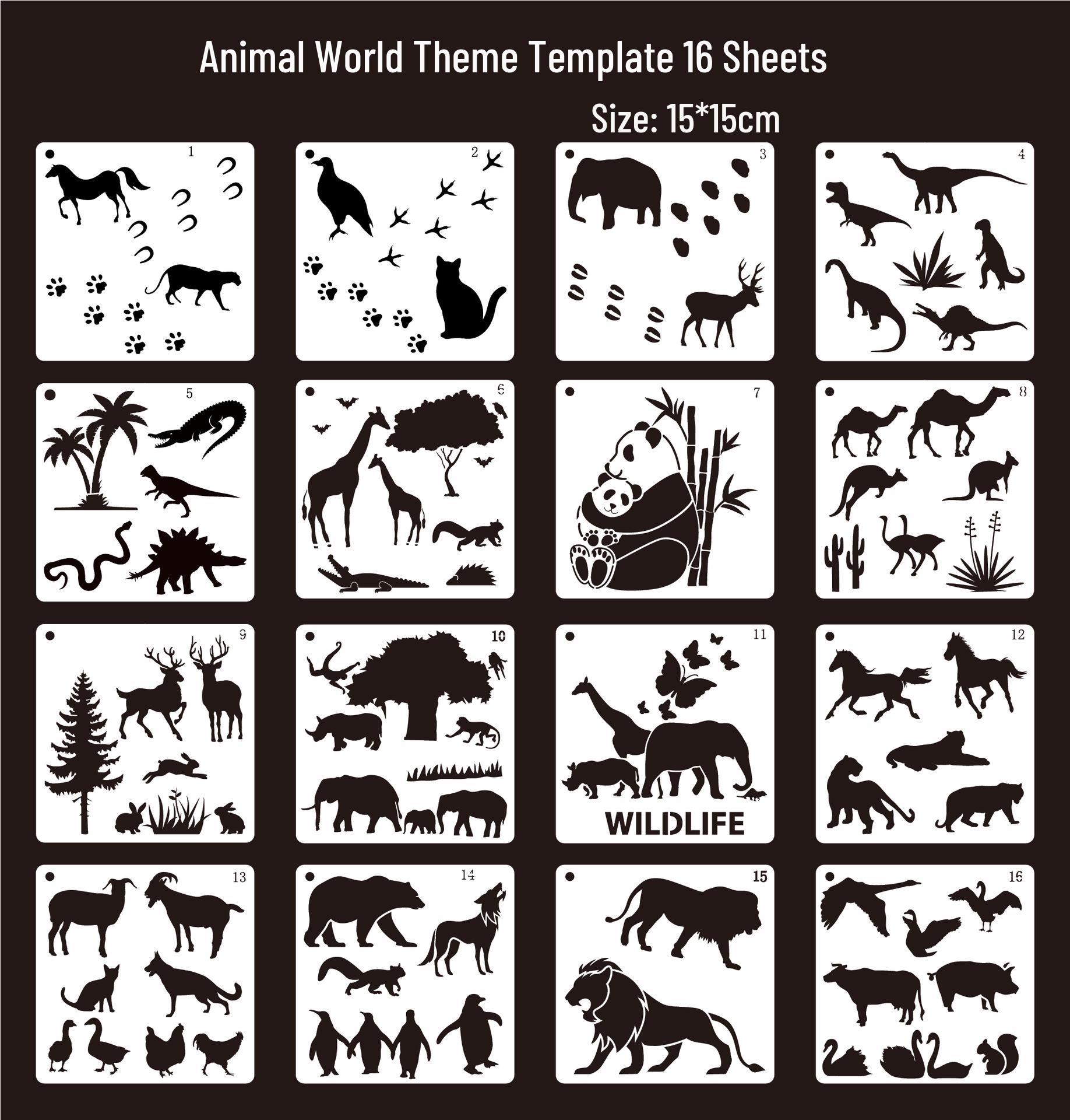Cartoon Animal Stencil Set, 16 Styles - Kids  Hollow Painting Templates