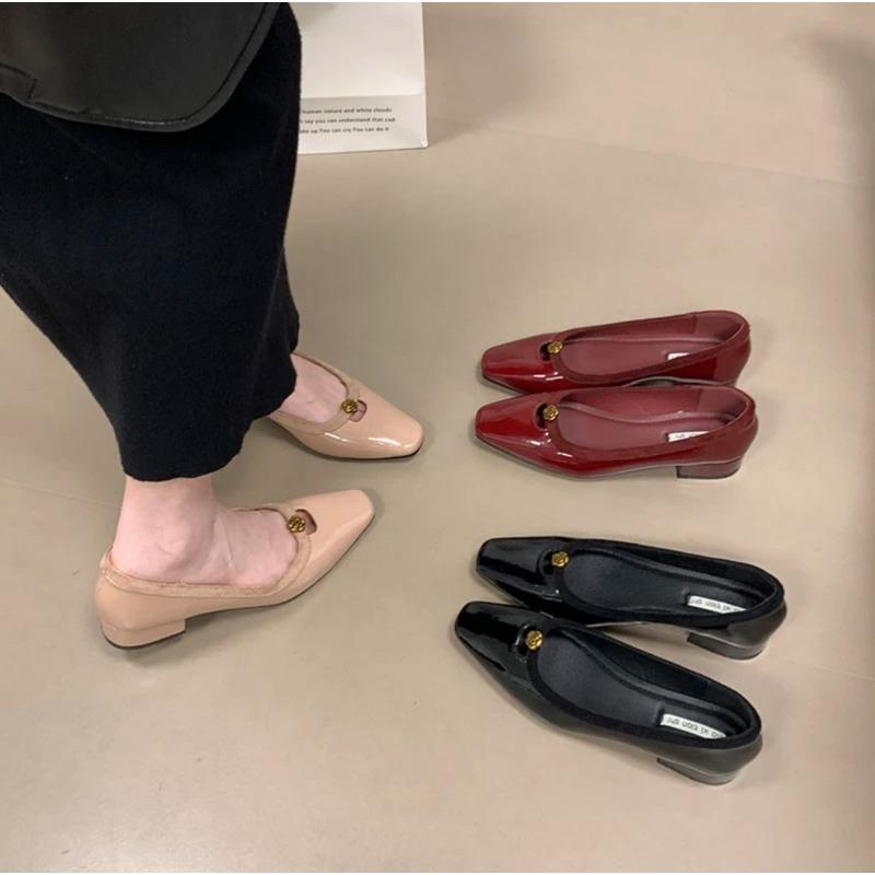 Nye Dame Mote Sløyfe Luksus Metall Blomst Fritidsslippers Svart Vinrød Firkantet med Slip-on Firkantet Tå Damesko