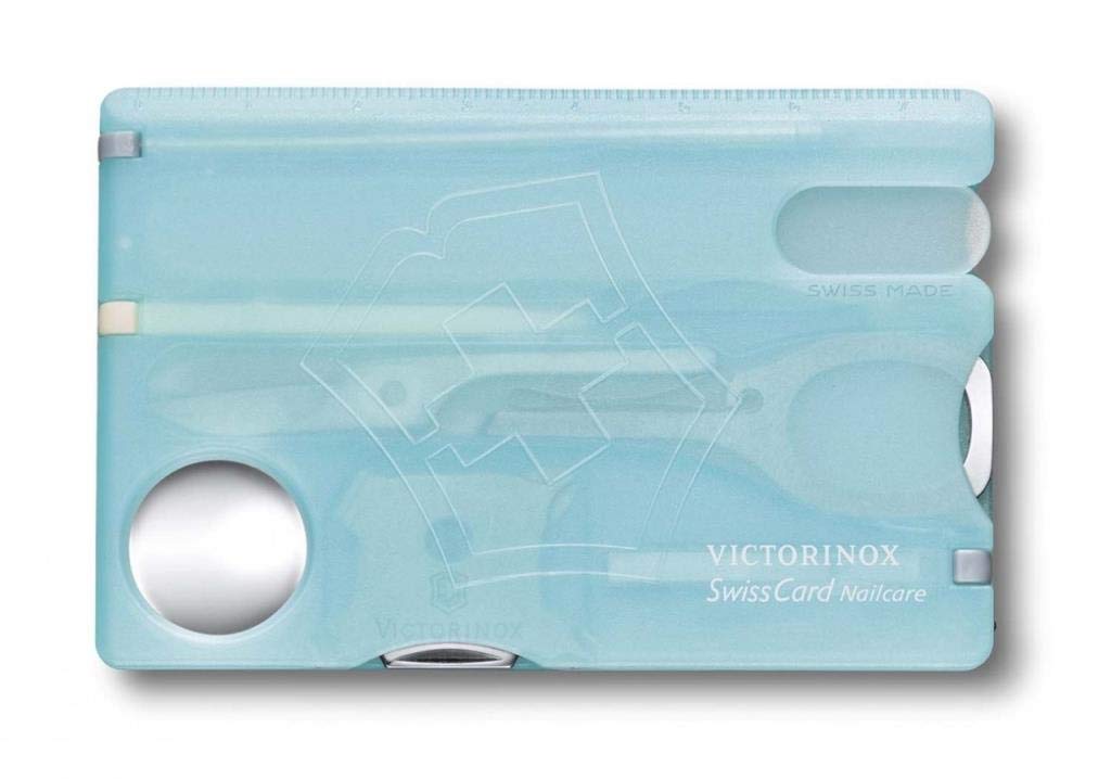 VICTORINOX Swiss Card Nail Care Ice Blue Transparent Glass Nail File with 13 Disaster Emergency Compact Scissors, Functions, Preparedness,
