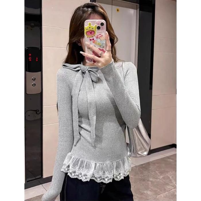 Bow hem lace splicing long-sleeved t-shirt women's spring and autumn French sense pure desire style slim-fitting bottoming top