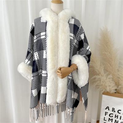 Women Winter England Plaid Thick Velvet Warm Poncho Outer Wear Batwing Sleeves Knitted Faux Rabbit Fur Loose Capes Coat With Hat