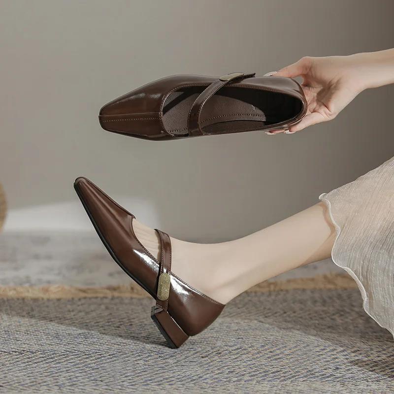 Square Toe Shoes Spring&Autumn Women's Pointed Toe Ladies One-word Buckle Shoes Retro Elegant Leather Shoes