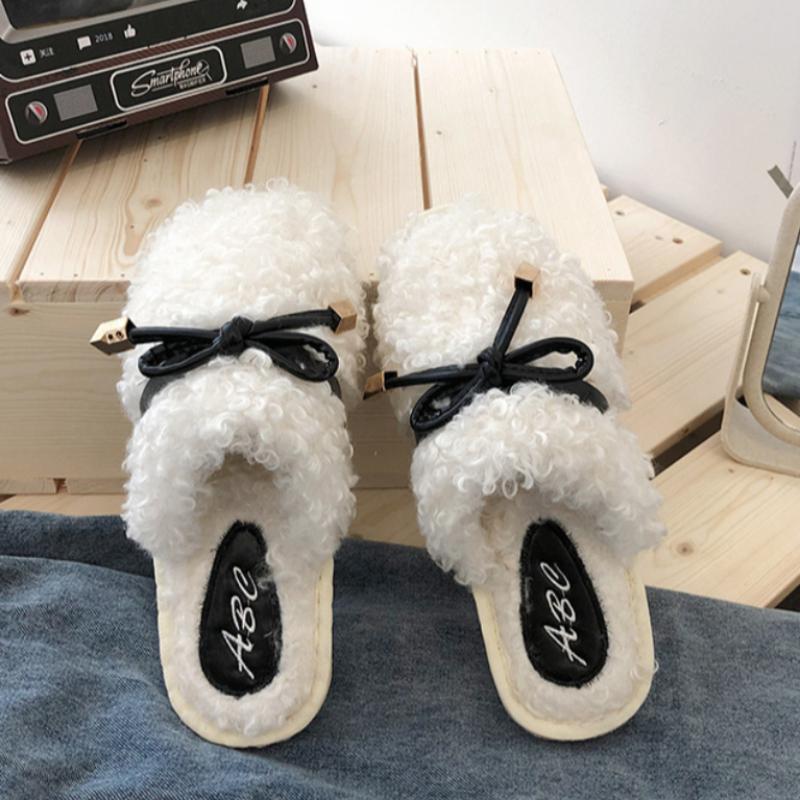 Autumn and winter Baotou hairy slippers, fashionable bow flat bottom anti slip wooden floor cover, foot hair mop