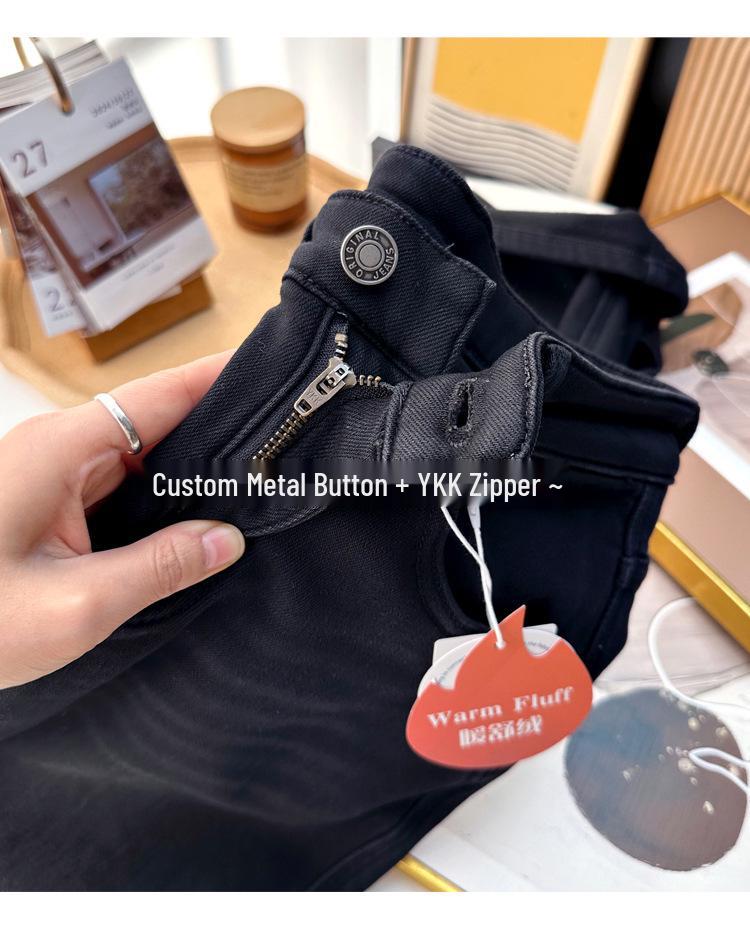 S35 Women's High-Waisted Slimming Wide-Leg Fleece Denim Pants - Black-Gray.