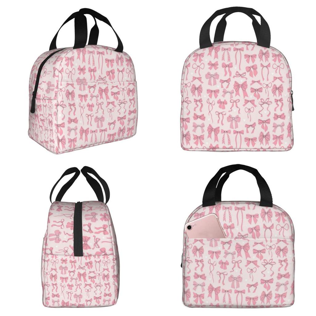 Various Pink Colorful Bow Tie Insulated Lunch Bag for Women Office Cooler Thermal Food Box Tote Portable Lunch Boxes Container