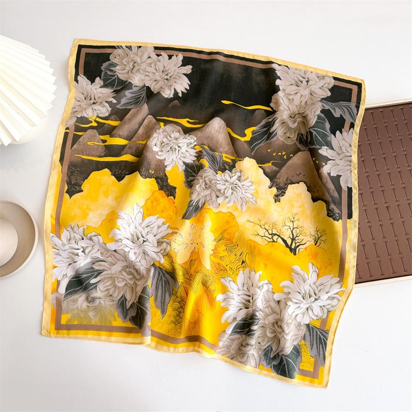 National Style Peony Small Square Scarf New Silk Scarf Shanhe Map Herringbone Pattern Headscarf Imitation Velvet Shawl Scarf Women