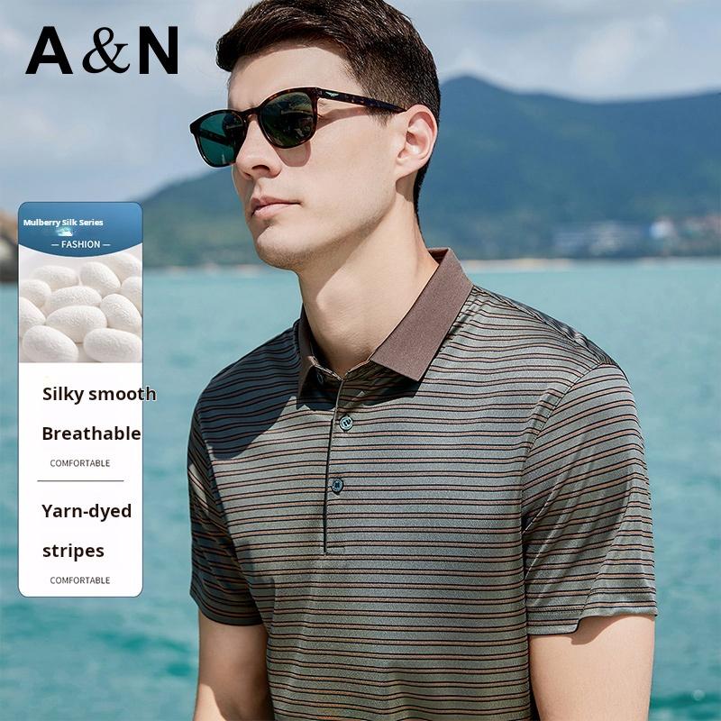 Fashionable Striped Short Sleeved T-shirt with Mulberry Silk, Men's Cool and Breathable Business Casual Polo Shirt for Spring and Summer
