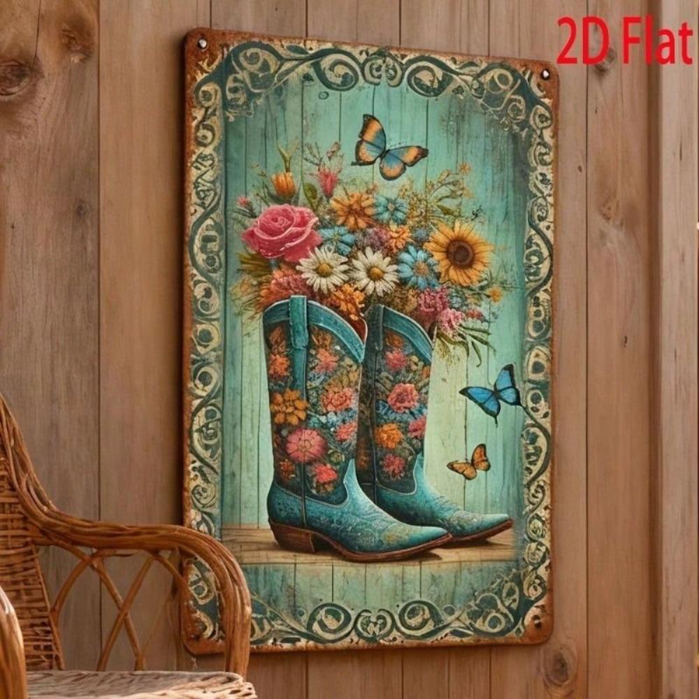 Retro Tin Sign Cowboy Boots Butterflies Vintage Metal Plaque Garden Home Decor 20x30cm