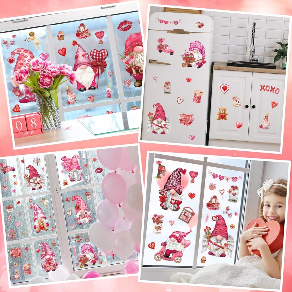 BORAMDO Valentine's Day Window Clings 12 Sheets, Happy Valentine's Day Gnome Decals Stickers, Removable Pink Decorations for Glass Windows, Holiday