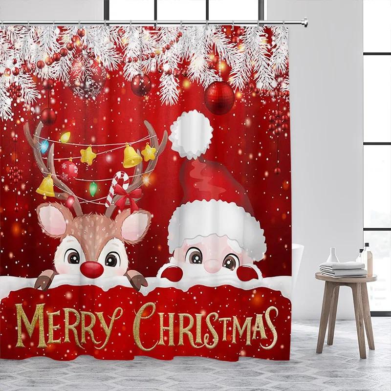 Pink Christmas Shower Curtains Cute Santa Claus Elk Bells Xmas Tree Gold Snowflake New Year Bathroom Curtain Decor with Hooks