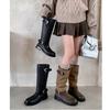 Cowhide version buckle locomotive boots long boots women's thick heel round head splicing western boots pleated stacking boots knight boots