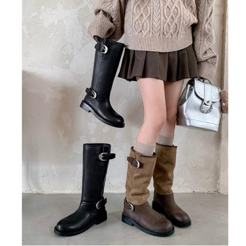 Cowhide version buckle locomotive boots long boots women's thick heel round head splicing western boots pleated stacking boots knight boots
