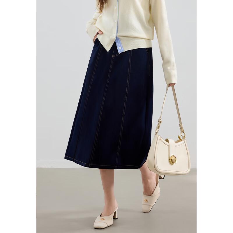 VICTORIA&VERA Women's Anti-Wrinkle Faux Denim A-Line Midi Skirt