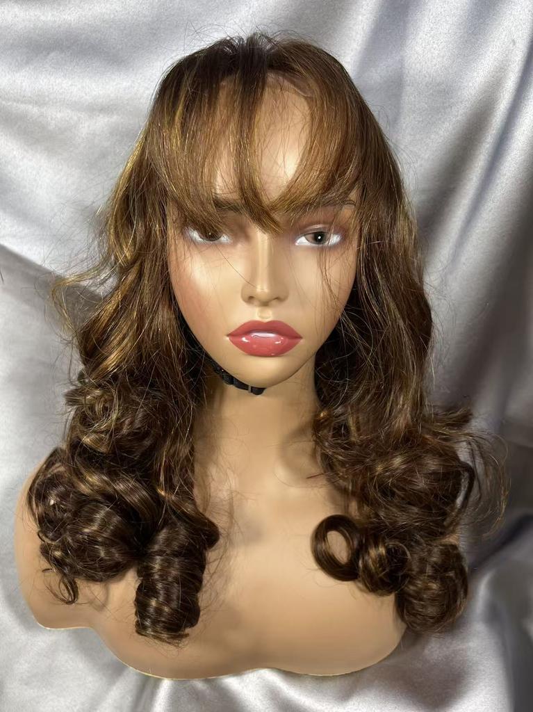 SDD 250% Density Super Quality 4*4 Closure Fringe Bang Wig Brazilian Hair Transparent Lace Bouncy Wave for Black Women