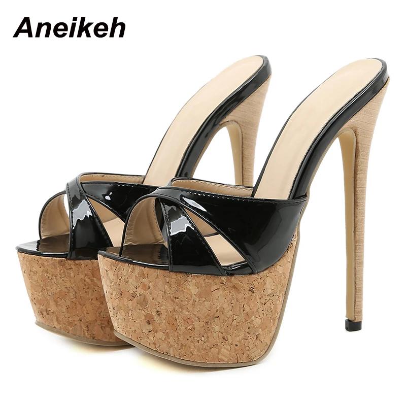 Aneikeh Zomer Extreme Mules Hoge Hakken Dames Platform Sandalen Schoenen Dames Slippers Slingback Peep-toe Slides Sandalen 37 black