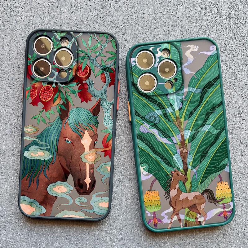 Lucky Painted Horse Pattern Chinese Style Phone Case For iPhone 15 14 Pro Max Plus 17 16 Pro Max 13 Mini 12 11 Pro Max Back Case