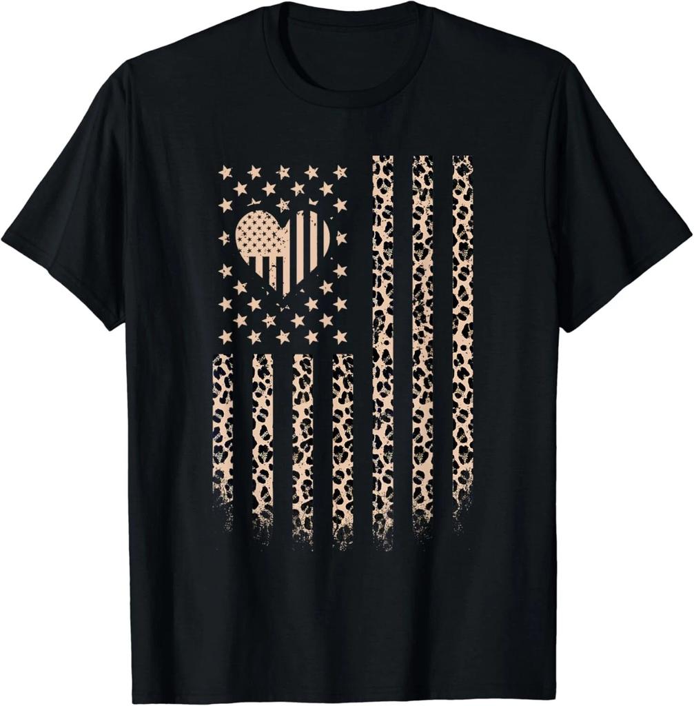 Leopard American Flag Heart 4th Of July USA Leopard Print Gift Unisex T-Shirt
